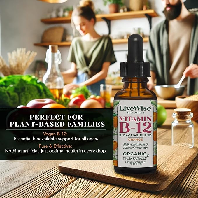 Organic Vitamin B12 1000 mcg Sublingual Liquid Drops For Adults, 6 Months Supply 1 oz, Methylcobalamin & Adenosylcobalamin - Bioactive Blend for Energy, Clarity & Focus - Vegan, Non-GMO, Unflavored