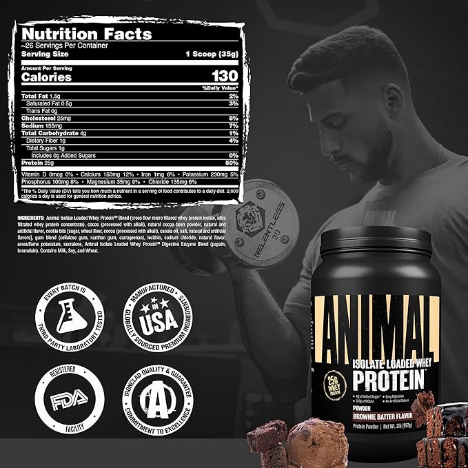 Animal Whey Isolate Protein Powder - Loaded for Pre & Post Workout Muscle Builder and Recovery with Digestive Enzymes for Men & Women - 25g Protein, Great Taste, Low Sugar - Brownie Batter 2 lbs