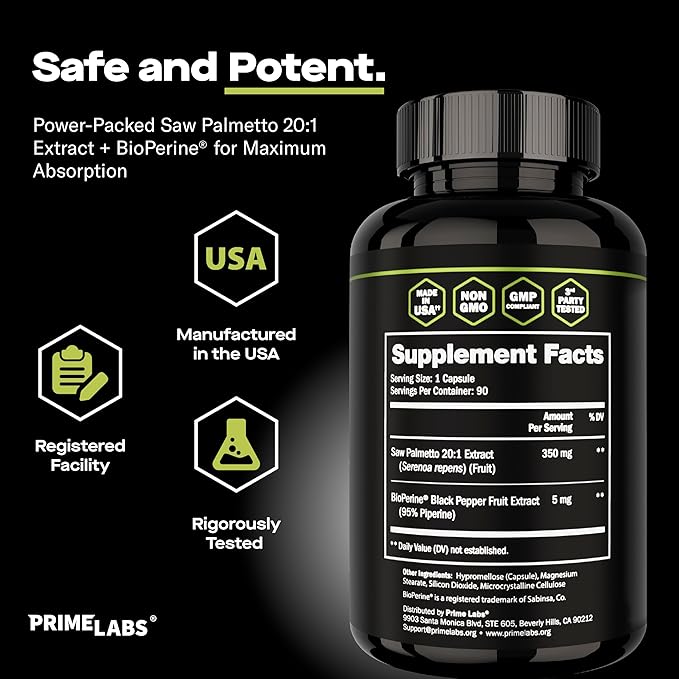 Prime Labs Saw Palmetto for Men - Prostate & Urinary Health Supplement, Hair Loss Support, DHT Blocker - 20:1 High-Potency 350mg of Saw Palmetto Extract per Serving - 90 Capsules / 90-Day Supply