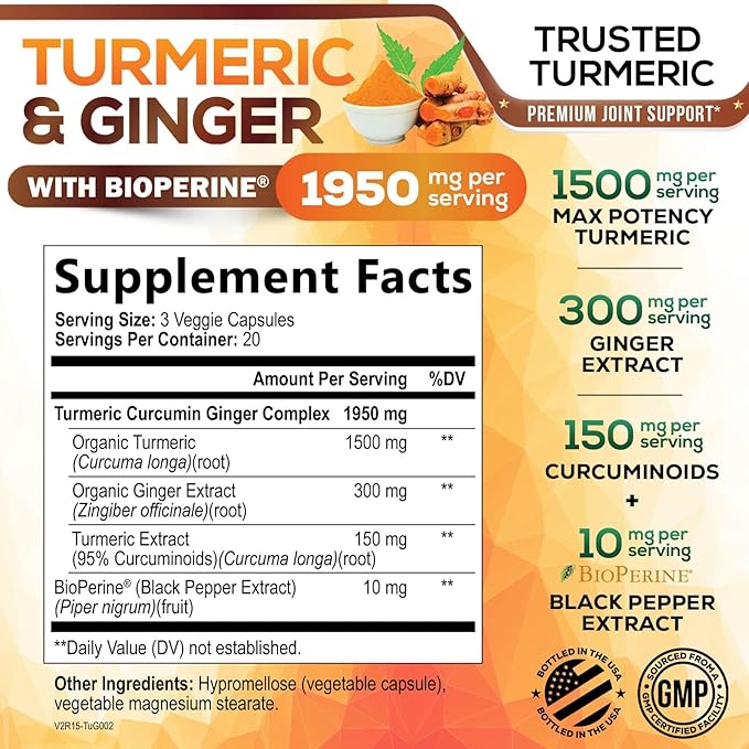 Turmeric Curcumin Supplement - 95% Curcuminoids with Organic Turmeric & Ginger, BioPerine Black Pepper Extract for Best Absorption, Natural Vegan Joint Support, Non-GMO, Bottled in USA - 60 Capsules