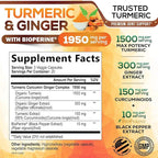 Turmeric Curcumin Supplement - 95% Curcuminoids with Organic Turmeric & Ginger, BioPerine Black Pepper Extract for Best Absorption, Natural Vegan Joint Support, Non-GMO, Bottled in USA - 60 Capsules