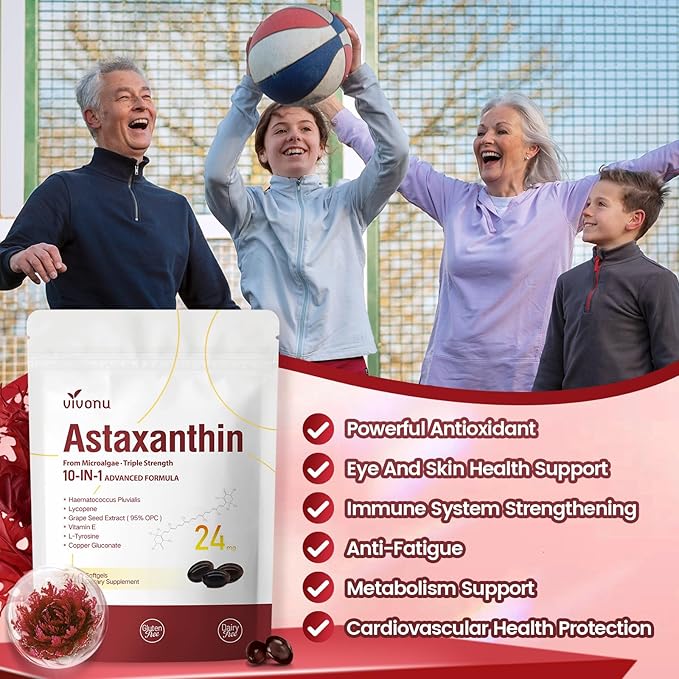VivoNu Astaxanthin 24mg – Powerful Antioxidant Support for Skin, Eyes & Immune System – 10-in-1 Formula with Lycopene, Grape Seed, Vitamin E & Zinc – Triple Strength, 720 Softgels, 3 Bag