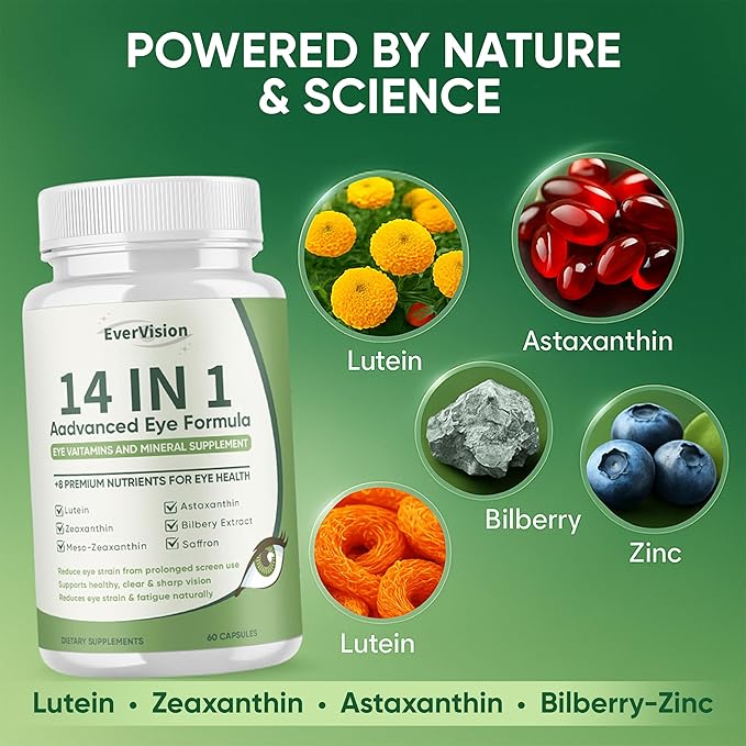 14 in 1 Advanced Eye Formula, Eye Supplement with Lutein, Zeaxanthin, Astaxanthin, Bilberry Extract & Zinc, Eye Vitamin and Mineral Supplement for Adults & Seniors, 60 Capsules (1)