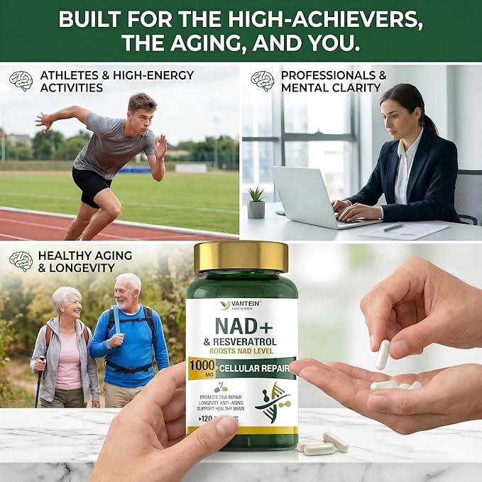 NAD+ & Resveratrol Supplement - NMN Alternative with 120 Capsules, Anti-Aging Cellular Support, Energy & Longevity Booster, DNA Repair Formula
