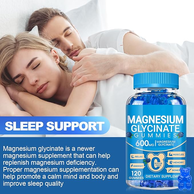 Magnesium Glycinate Gummies 600mg, Chewable Sugar Free Potassium Magnesium Gummies for Sleep, Body Support and Relaxation, Magnesium Supplements with Vitamin D, B6, and CoQ10 for Men & Women