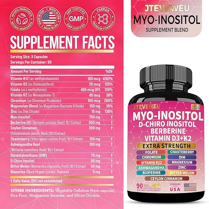 Myo Inositol Supplement - Women's All-in-One Supplement - with Myo-Inositol, D-Chiro Inositol & 13+ Extra Strength Ingredients -（90 Capsules）