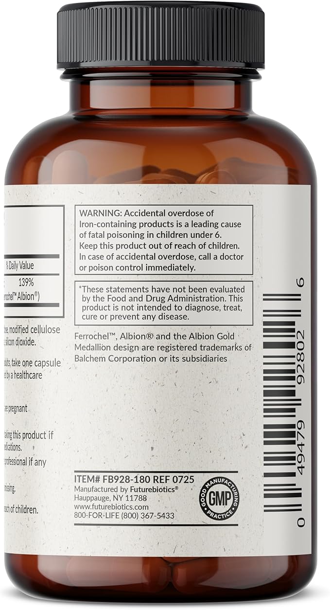 Futurebiotics Iron Bisglycinate 25mg Gentle on The Stomach, Supports Energy & Healthy Red Blood Cell Production - Non-Constipating Formula - Non GMO, 180 Vegetarian Capsules