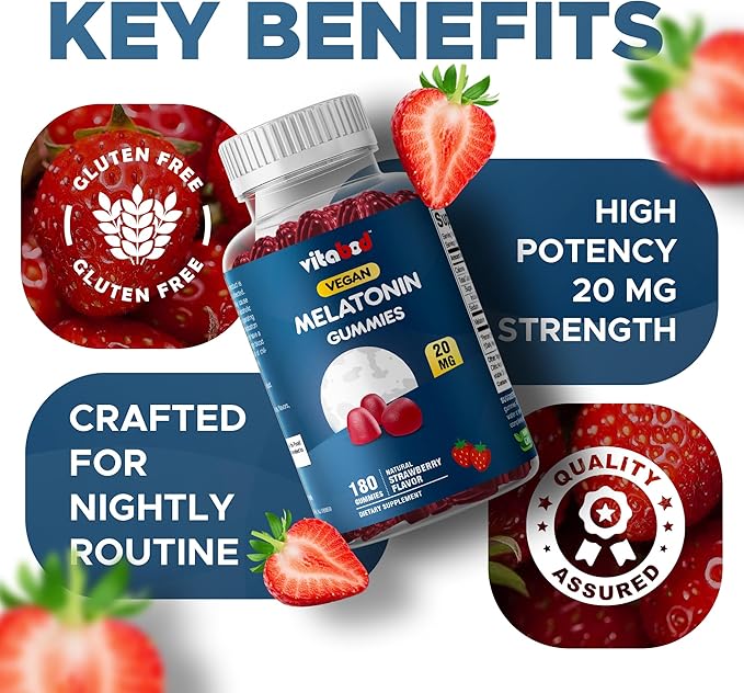 Vitabod Melatonin 20mg Gummies - 180 Count - Drug Free - Natural Strawberry Flavor - Vegetarian, Non-GMO, Gluten Free (3 Bottles)