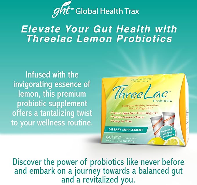 Global Health Trax ThreeLac Lemon Probiotic Drink Mix for Digestive Health - Advanced Probiotic Powder Formula for Men, Women, and Kids - Immune Support & Gut Balance, Non-GMO - 120 Packets