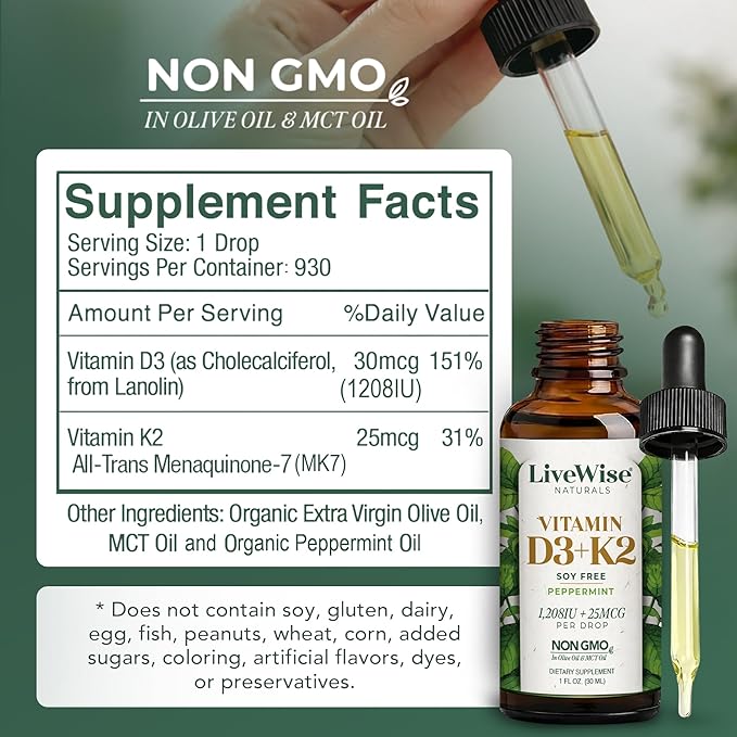 Vitamin D3 K2 (MK-7) Peppermint Drops for Adults - 930 Drops, Ultra Concentrated Formulation, 1208 IU Vitamin D3, 25 MCG - Precision Micro-Dosing Dropper for Calcium & Bone Support
