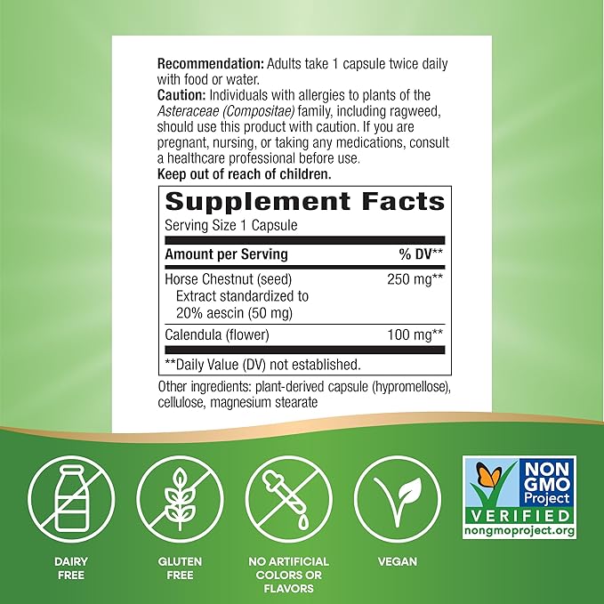 Nature's Way Horse Chestnut Extract, Premium Extract, Promotes Healthy Leg Veins*, 250 mg per Serving, Vegan, 90 Capsules (Packaging May Vary) (Pack of 2)
