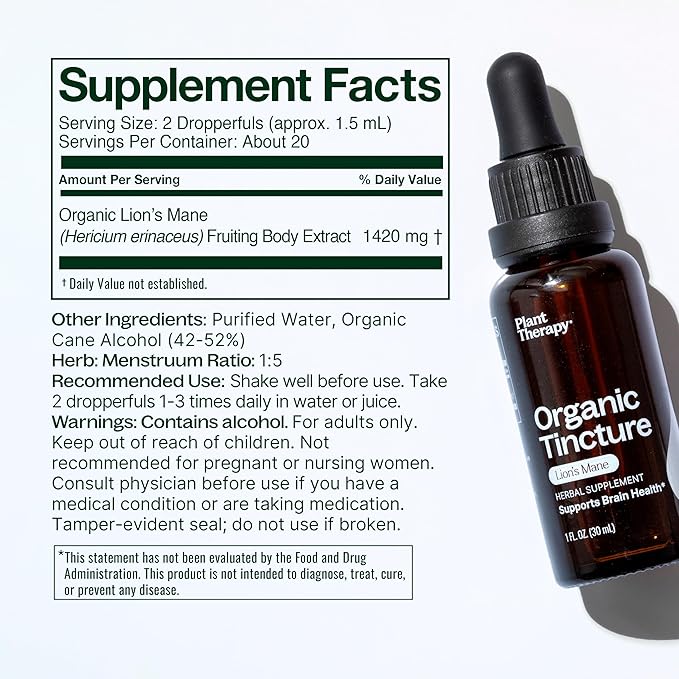 Plant Therapy Organic Lion's Mane Tincture 30 mL (1 oz) Supports Brain Health, Mental Clarity & Memory, Potent & Natural Extraction Process, Vegan, Non GMO, Gluten Free, Liquid, 1 Bottle