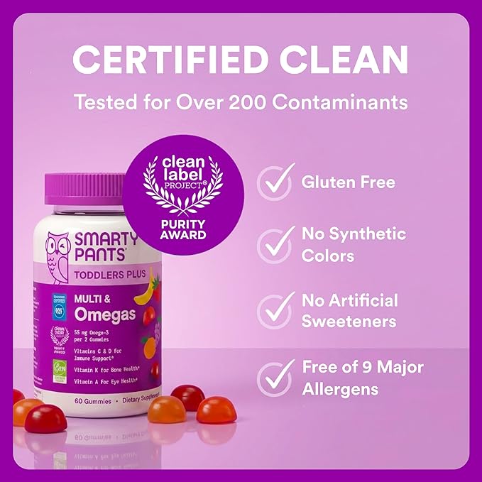 SmartyPants Toddler Multivitamin Gummies, Omega 3 (DHA/EPA), Vitamins D3, C, Vitamin B12, B6, A, K & Zinc, Biotin, Gluten Free, Three Fruit Flavors, 120 Count (60 Day Supply)