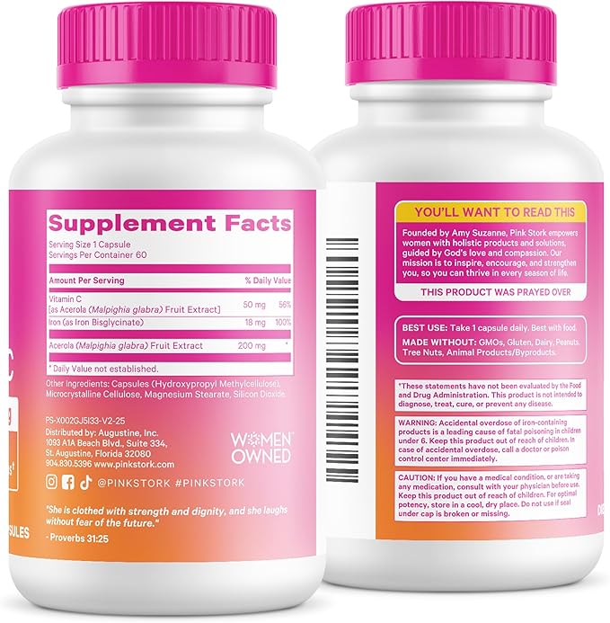 Pink Stork Iron for Women – 18 mg Non-Constipating Iron Bisglycinate + Vitamin C for Optimal Absorption – Energy, Focus, & Oxygen Supply – PMS, Pregnancy, Postpartum & Perimenopause - 60 Capsules