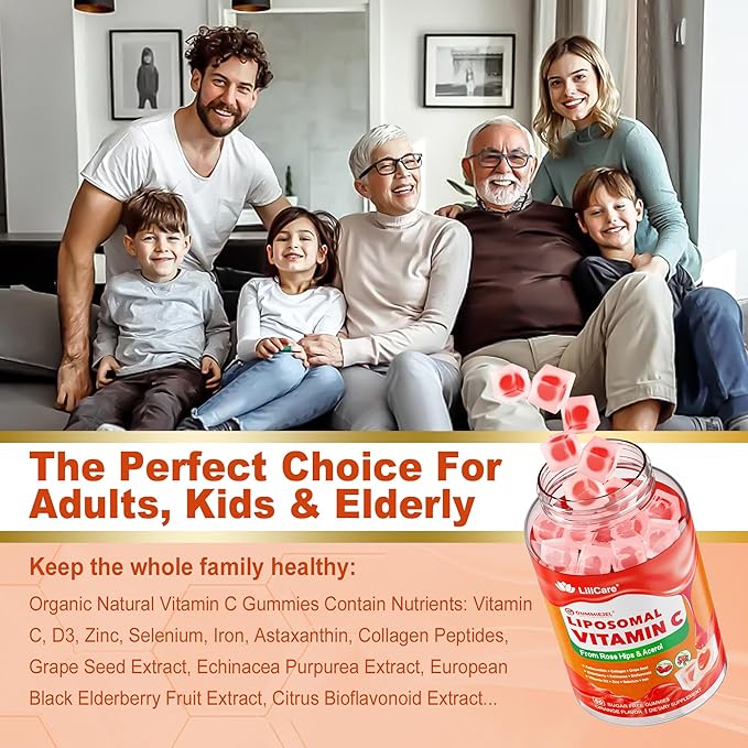 Natural Liposomal Vitamin C 1000mg Gummies for Adults Kids 9+, Chewable Vitamin C w/ 11mg Zinc, D3, Elderberry, Echinacea, Bioflavonoid,Immune Support, Whole Food VIT C from Fruits, Sugar Free, 2Pack