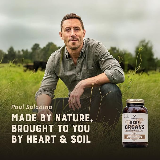 HEART & SOIL – 100% Grass Fed & Finished Beef Organs from Regenerative Cattle with Liver, Heart, Kidney, Pancreas & Spleen – 3000mg Beef Organ Supplement for Women & Men – Glass Bottle – 180 Capsules