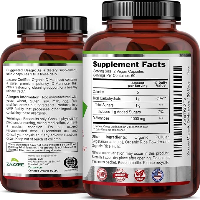 Zazzee USDA Organic D-Mannose, 1000 mg Per Serving, 120 Vegan Capsules, 2 Month Supply, Non-GMO, Urinary Tract & Bladder Support, Potent & Fast-Acting, Lab Tested for Quality & Purity, Made in USA