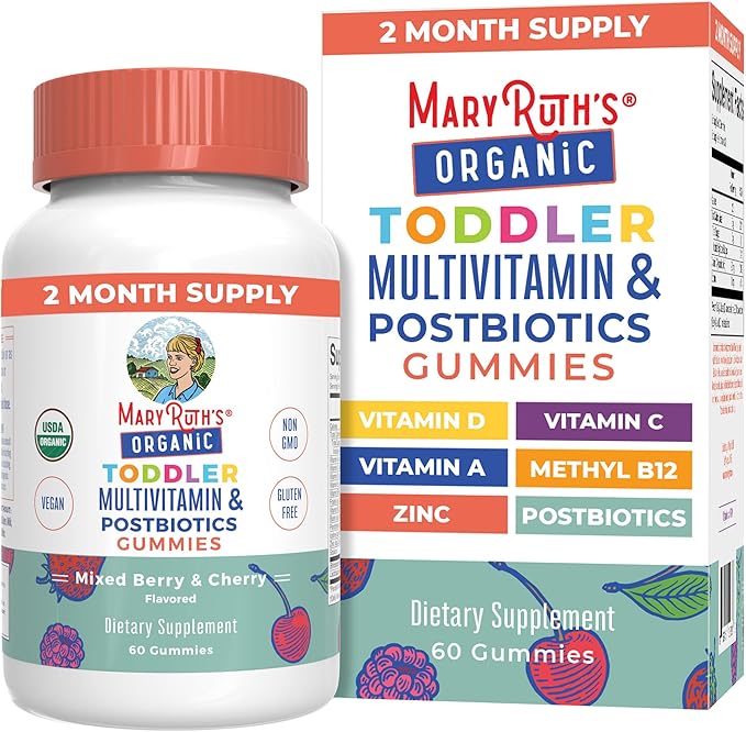 MARYRUTH'S Organics Toddler Multivitamin Gummies + Postbiotics | USDA Organic | Vitamins for Kids Ages 2+ | Immune Support | Vitamin C | Vitamin D3 | Vitamin A | Zinc | Vegan | Non-GMO | 60 Servings