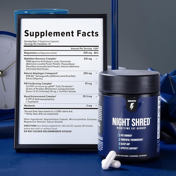 InnoSupps Night Shred Fat Burner and Natural Sleep Support | Ashwaganda, 5-HTP, CLA, Melatonin | Appetite Suppressant | Weight Loss Support Nighttime Fat Burning (60 Vegetarian Capsules)