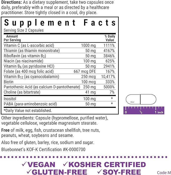 BlueBonnet Stress Vitamin B Complex for Women & Men - Daily Vitamin B6, B12, B2, B3, B5, Folate Energy & Daily Fatigue Supplement - Vegan & Gluten-Free VIT B Complex - 50 Vegetable Capsules