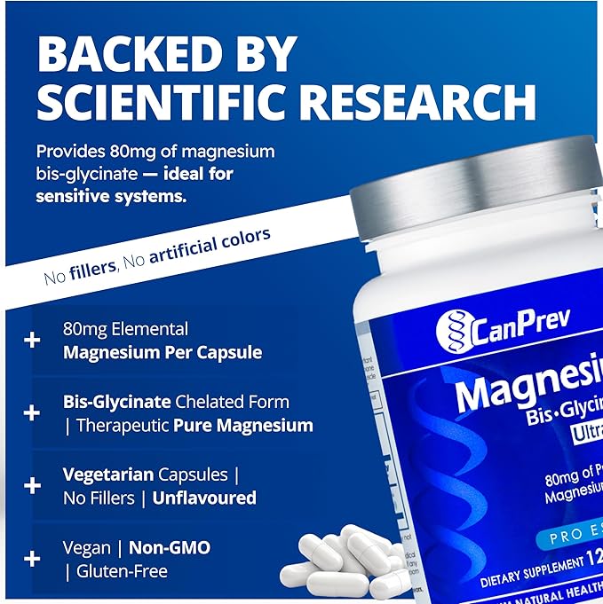 CanPrev Magnesium Biglycinate Chelated 80mg Ultra Gentle 120 V-Caps 120-Day Supply - Support Muscle Function, Bone Strength & Relaxation, Pure Magnesium Bisglycinate Formula, Promote Comfort & Balance