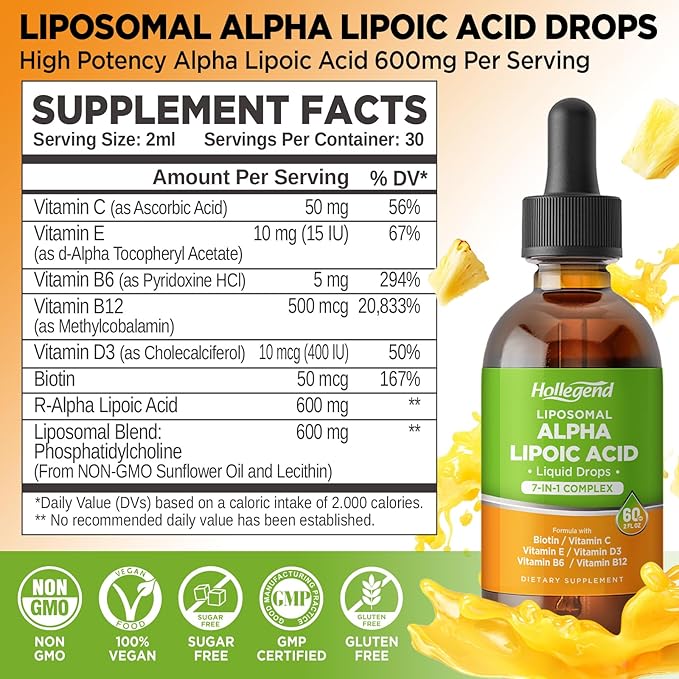 Liposomal Liquid Alpha Lipoic Acid drops, 600 MG R-Alpha Lipoic Acid Supplement with Biotin & Multivitamins, ALA for Antioxidant, Brain Health and Nerve Support, Pineapple Flavor, Sugar Free, 2 FL OZ