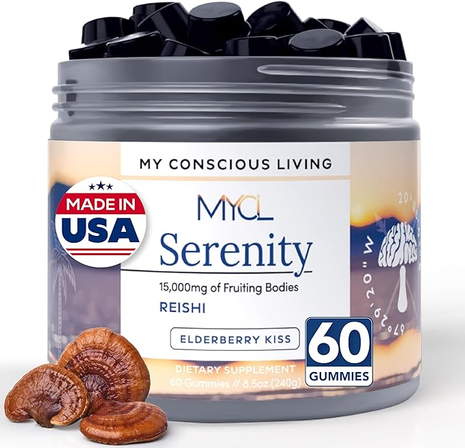 Serenity Reishi Mushroom Gummies for Adults - 500mg Whole Fruiting Body Extract - Sleep Gummies for Adults and Kids - Vegan, Gluten-Free - Stress Relief, Relaxation - Elderberry Kiss, 60 Count