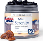Serenity Reishi Mushroom Gummies for Adults - 500mg Whole Fruiting Body Extract - Sleep Gummies for Adults and Kids - Vegan, Gluten-Free - Stress Relief, Relaxation - Elderberry Kiss, 60 Count