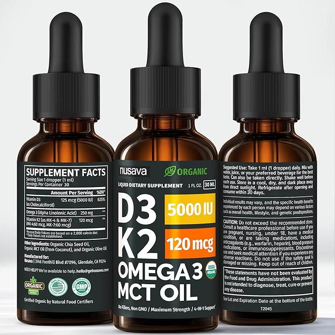 (4 Pack) Organic Vitamin D3 K2 Drops with MCT Oil Omega 3, 5000 IU - Maximum Strength Vitamin D Liquid, No Fillers, Non-GMO Liquid D3 for Faster Absorption and Immune Support, Unflavored, 4 Fl Oz