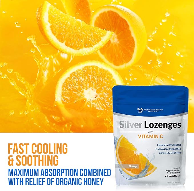 Silver Lozenges with Vitamin C - Premium Nano Silver 60 PPM Colloidal Silver, Organic Honey and Vitamin C Mineral Supplement Drops to Support Immune System, Soothe Cough & Throat - 24 Orange Lozenges