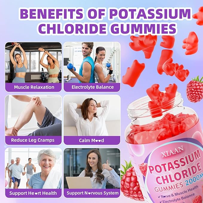 Potassium Gummies for Women & Men, High Dose 2000mg Potassium Chloride Supplement Gummies for Leg Cramps & Electrolyte Balance, Vegan/Sugar-Free/Gluten Free, Raspberry Flavor 60 Count