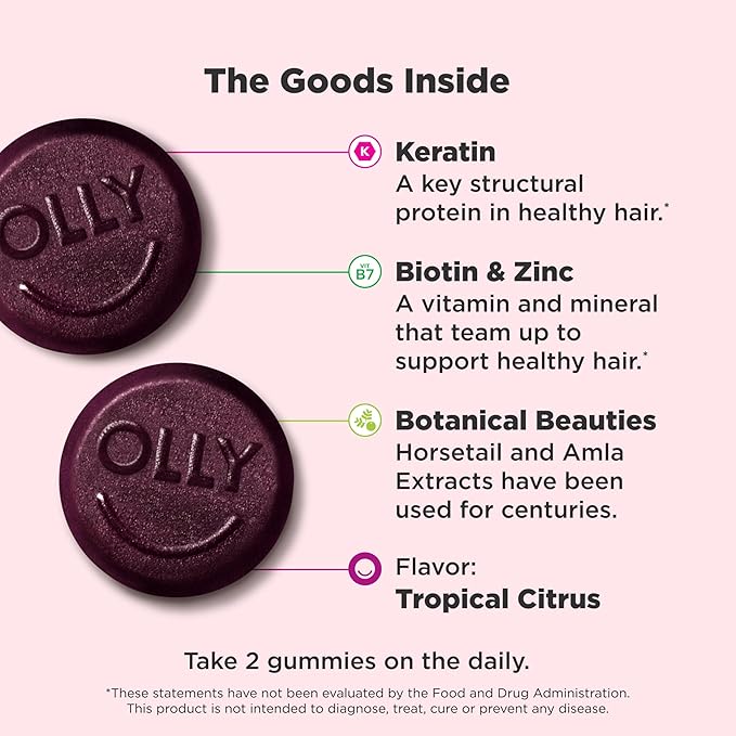 OLLY Heavenly Hair Gummy, Supports Healthy Hair, Keratin, Biotin, AMLA, Chewable Supplement, 30 Day Supply - 60 Count (Pack of 12)