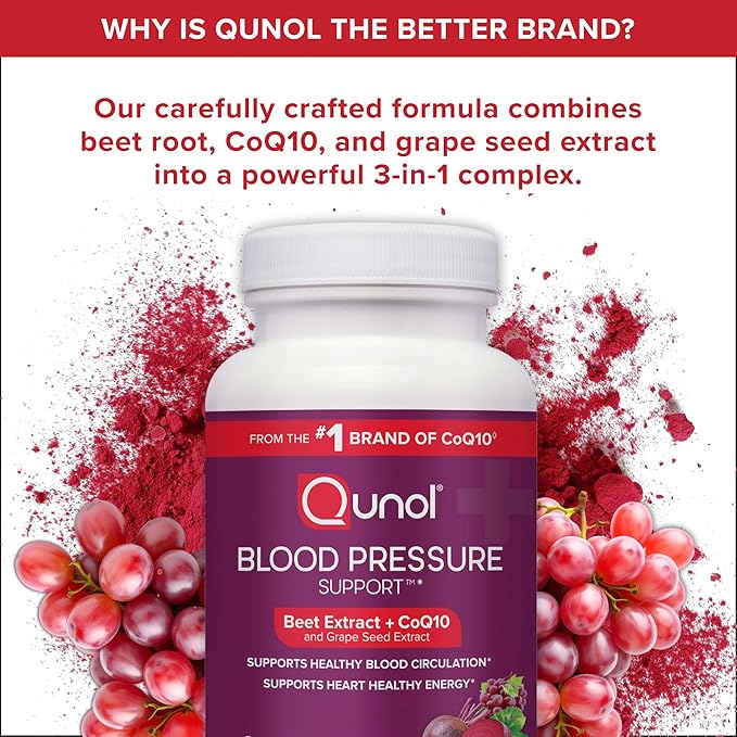 Qunol Blood Pressure Support, 3 in 1 Beets + CoQ10 + Grape Seed Extract, Beet Root Capsules That Supports Healthy Blood Circulation & Heart Healthy Energy, 60 Count (Pack of 4)