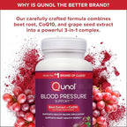 Qunol Blood Pressure Support, 3 in 1 Beets + CoQ10 + Grape Seed Extract, Beet Root Capsules that Supports Healthy Blood Circulation & Heart Healthy Energy, 60 Count (Pack of 1)