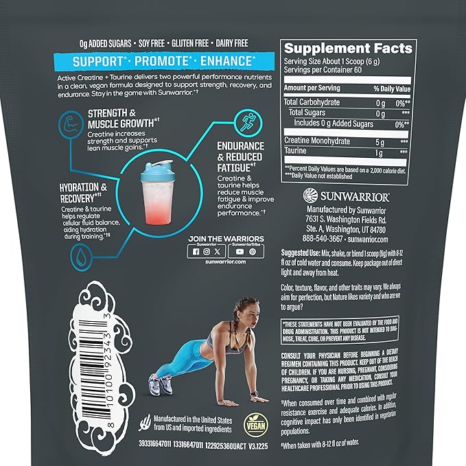 Creatine Monohydrate Powder Taurine Supplement, 5g Creatine Monohydrate 1g Taurine per Serving | Vegan Muscle Strength, Endurance & Recovery Support, Clean Performance Formula | 60 Servings Unflavored