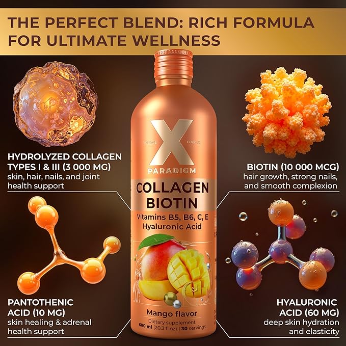 Liquid Collagen Peptides with Biotin & Hyaluronic Acid - Biotin 10000mcg, Hydrolyzed Collagen Type 1 and 3, Vitamins B5, B6, C & E - Liquid Collagen for Women and Men, Hair Skin and Nails Supplements
