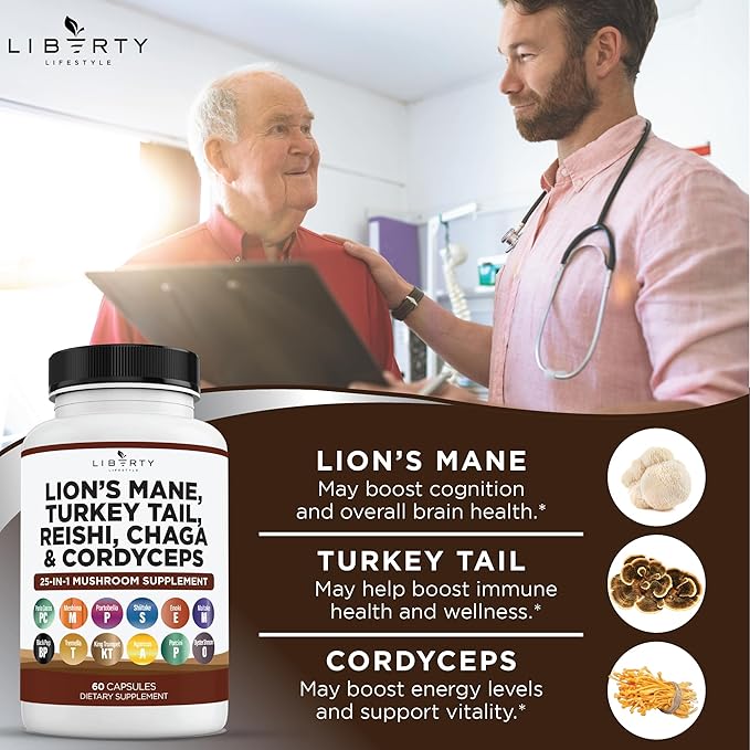 Lions Mane Mushroom Supplement with Turkey Tail Reishi Cordyceps Chaga with Marshmallow Root - 1-Pack
