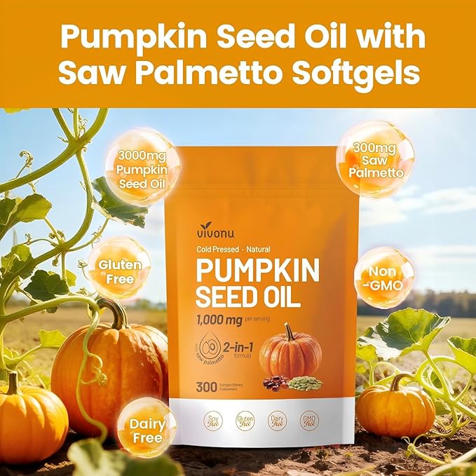VivoNu Pumpkin Seed Oil with Saw Palmetto Capsules | Cold Pressed, Pure Virgin Oil, Essential Fatty Acids & Phytosterols 300 Softgels Supports Hair, Urinary, Bladder & Prostate Health, Non-GMO