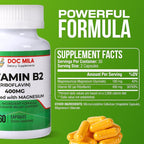Vitamin B2 Riboflavin 400mg Capsules – Migraine Relief Supplement for Kids & Adults – Headache Support – Vegan Vitamin Tablets – 60 Pills (200mg per Capsule)