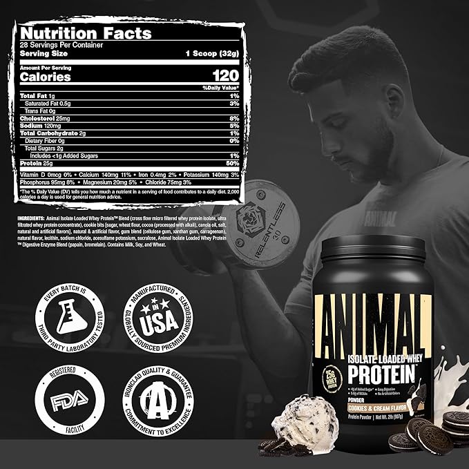 Animal Whey Isolate Protein Powder - Loaded for Pre & Post Workout Muscle Builder and Recovery with Digestive Enzymes for Men & Women - 25g Protein, Great Taste, Low Sugar - Cookies & Cream 2 lbs