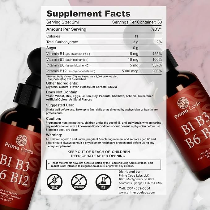 Prime Code Liquid Vitamin B1 Drops with Vitamin B3 B6 & B12 | B Complex Liquid Supplement | Thiamine Supplement for Adults | High Absorption | Immune Support | Non-GMO | Gluten-Free