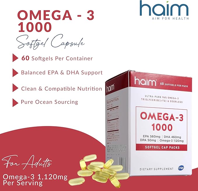 HAIM Omega-3 1000 Fish Oil Softgels — 1120mg Omega-3 with EPA DHA Fatty Acids — Burpless, Odorless, No Fishy Smell — Triple Strength Concentrated Supplement — Nutritional Softgels — 60 Count