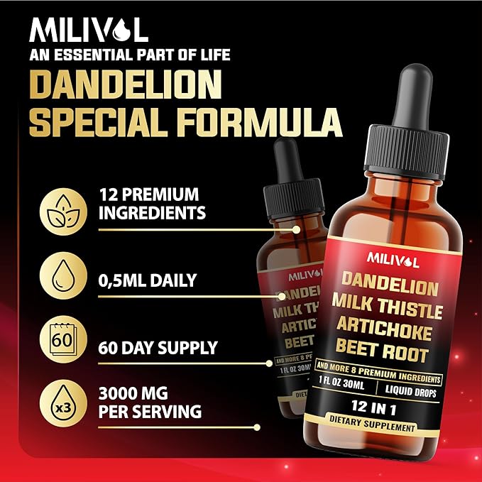 12in1 Dandelion Root Liquid Extract with Milk Thistle, Artichoke Extract, Turmeric, Beet Root, N-Acetyl Cysteine and 6 More Herbals - 1 Fl Oz - 60 Days Supply