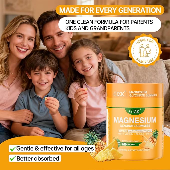 Magnesium Glycinate Gummies 500mg – Sugar Free Magnesium Gummies for Sleep, Stress, Muscle & Nerve Support – for Adults & Kids 4+, Vegan, No Melatonin (Pineapple Flavor, 60 Count)