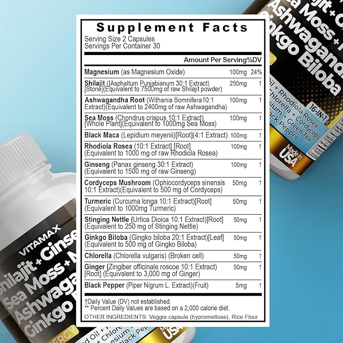 Vitamax Pure Himalayan Shilajit Supplement, Ashwagandha, Sea Moss, Rhodiola Rosea, Gingko Biloba - Fulvic Acid & Trace Mineral Capsules for Men and Women – Made in USA
