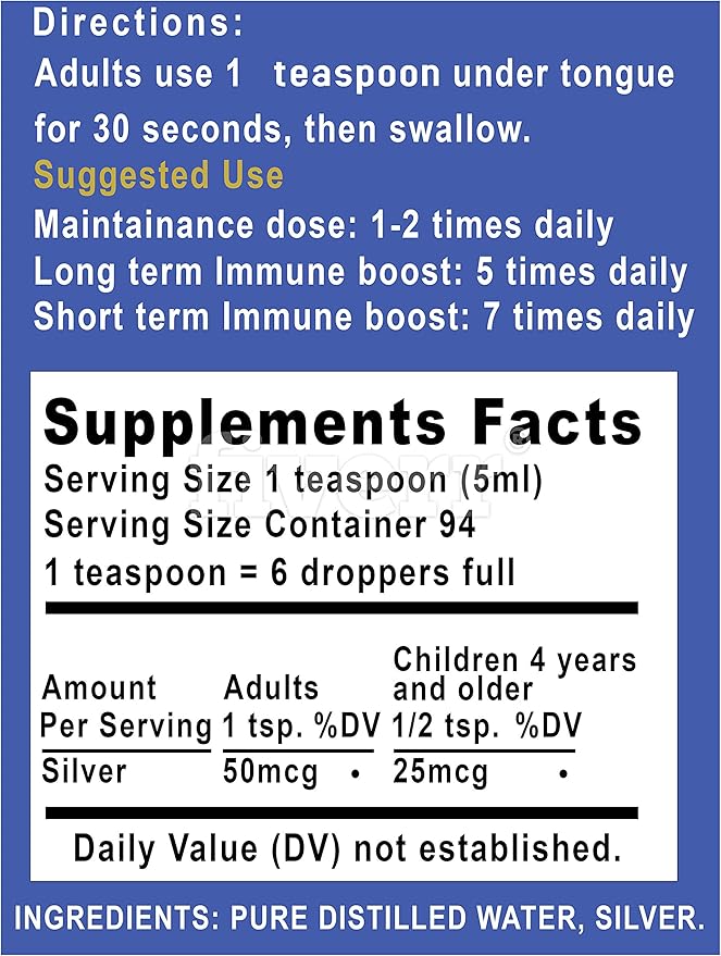 Silver Holistics Colloidal Silver Liquid 16 Oz. Glass Bottle - 10 PPM with Measuring Cups for Immune Support