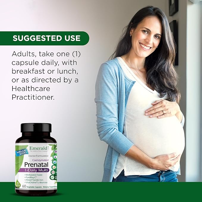 EMERALD LABS Prenatal 1-Daily Multi - Prenatal Multivitamin with Methylated Folate, Iron, Whole-Food Blend & More - Soy-Free, Gluten-Free - 60 Vegetable Capsules