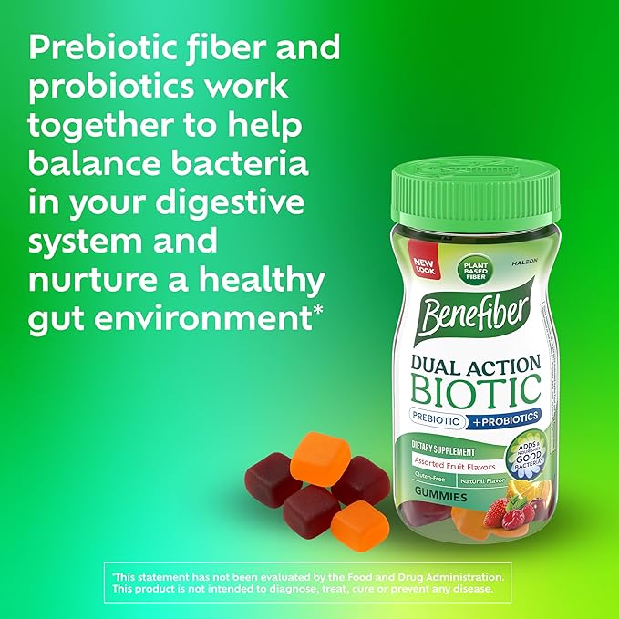 Benefiber Prebiotic GLP-1 Friendly Fiber Supplement Gummies with Probiotics for Digestive Health, Assorted Fruit Flavors - 50 Count