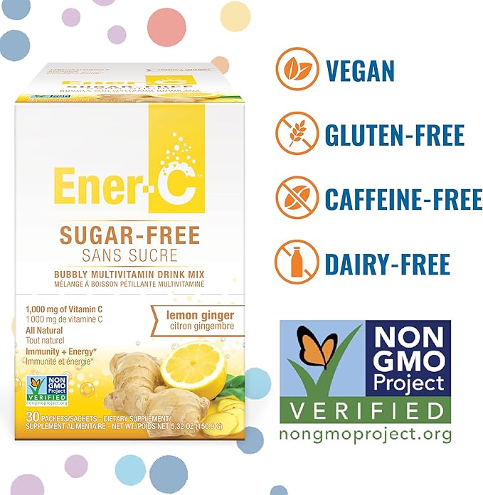 Ener-C Sugar Free Multivitamin Drink Mix - Vitamin Powder for Water, Electrolytes Powder No Sugar, Hydration Boost Packets, Zero Sugar, Vitamin C & B12 Supplement Liquid Mix - Lemon Ginger, 60 Count
