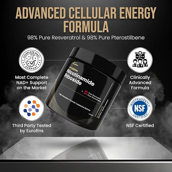 DLNIA Liposomal NAD+ Supplement & NMN Alternative | Nicotinamide Riboside (NR) 1258 mg with Resveratrol, Quercetin, Pterostilbene & CoQ10-12-Nutrient High-Absorption Cellular Energy & Healthy Aging